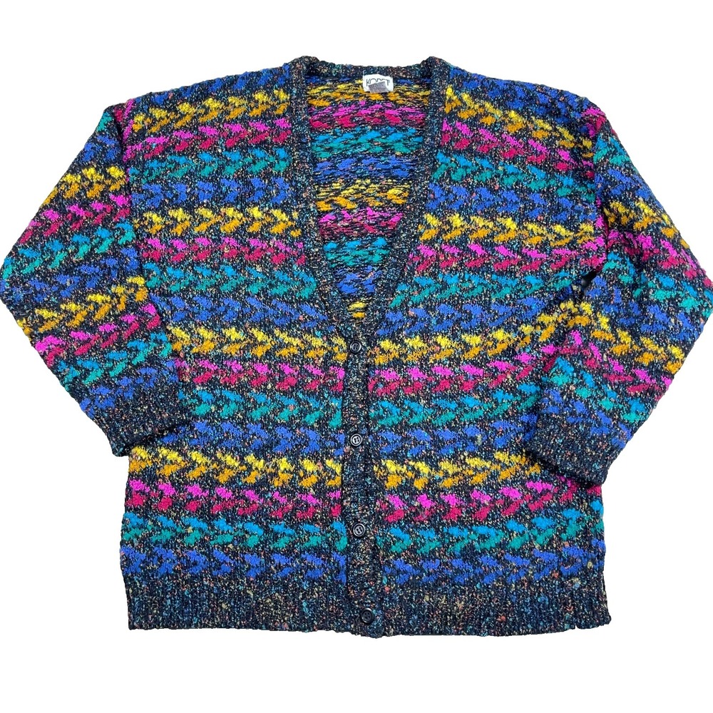 Vintage Koret Cardigan Sweater Women XL Multi Pink Blue 90s Grandpa Boho Knit - Picture 1 of 10